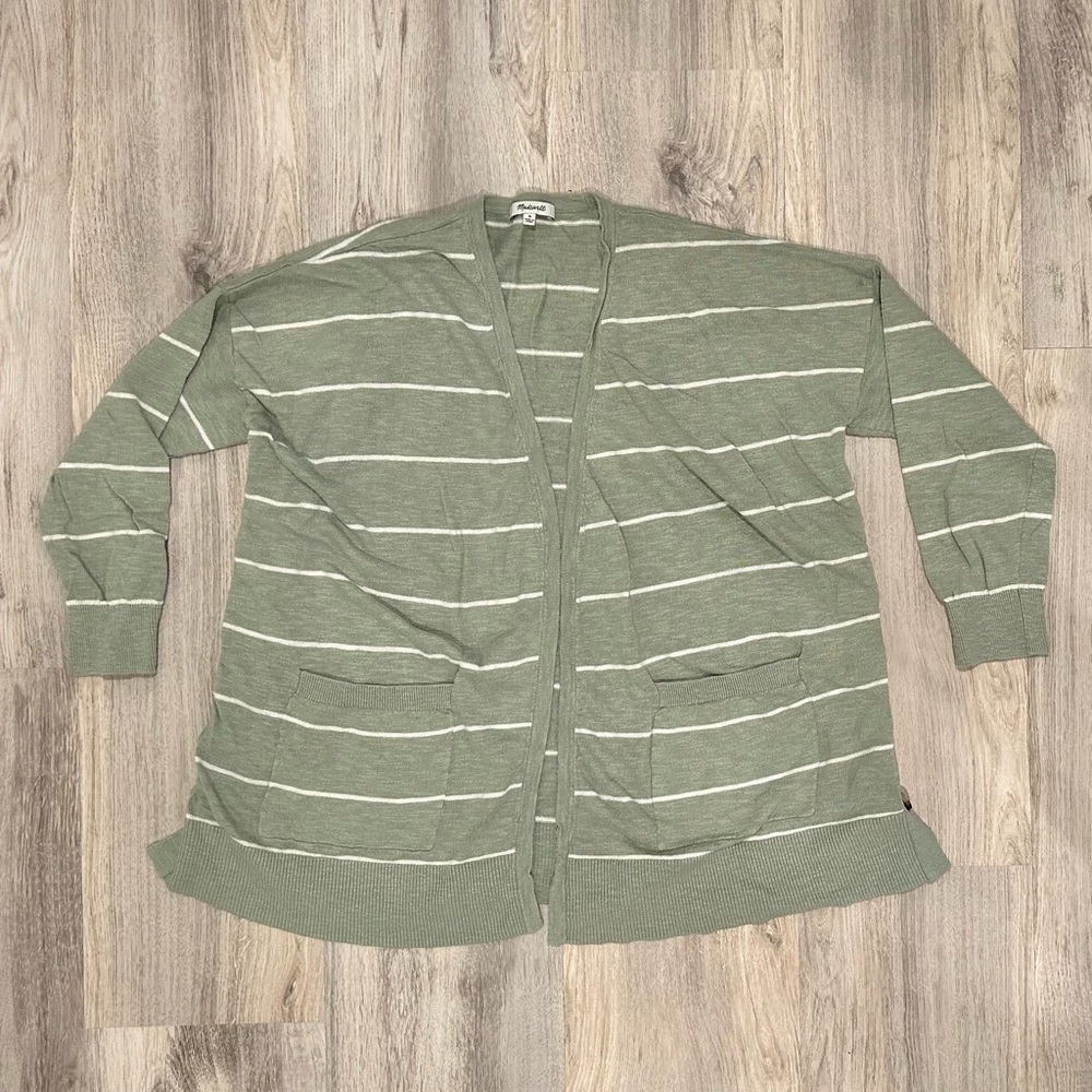 Madewell Stripe Marlton Side-Button Sage Green Oversized Cardigan Sweater Size M